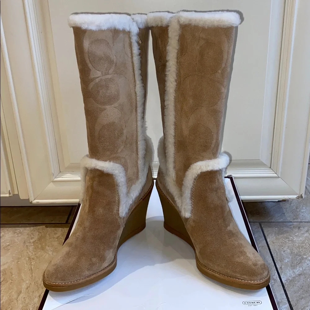 COACH Jordana Suede Shearling Trim Wedge Boots in Tan & Beige in Size 7 - Picture 8 of 15